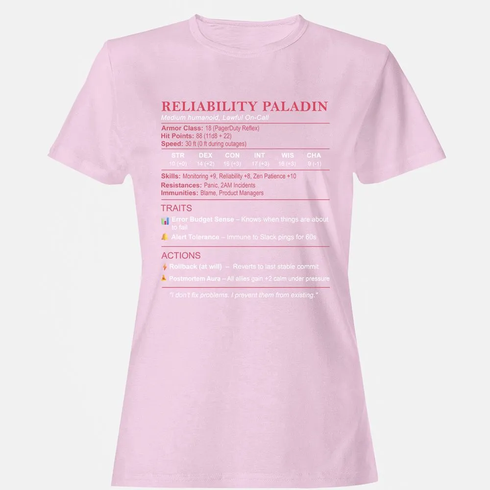 SRE Stats (Reliability Paladin) Women's T-Shirt - Light Pink - 9
