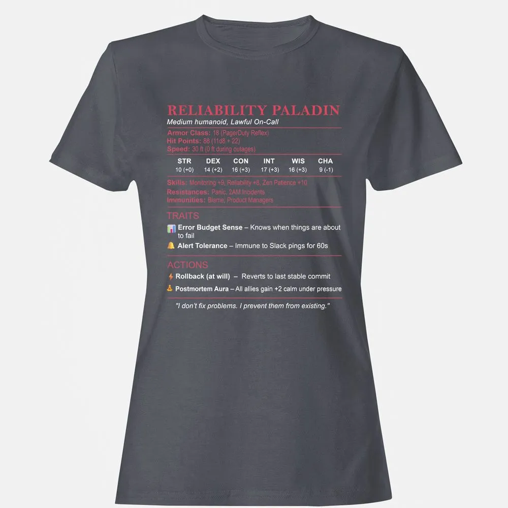 SRE Stats (Reliability Paladin) Women's T-Shirt - Dark Heather - 5