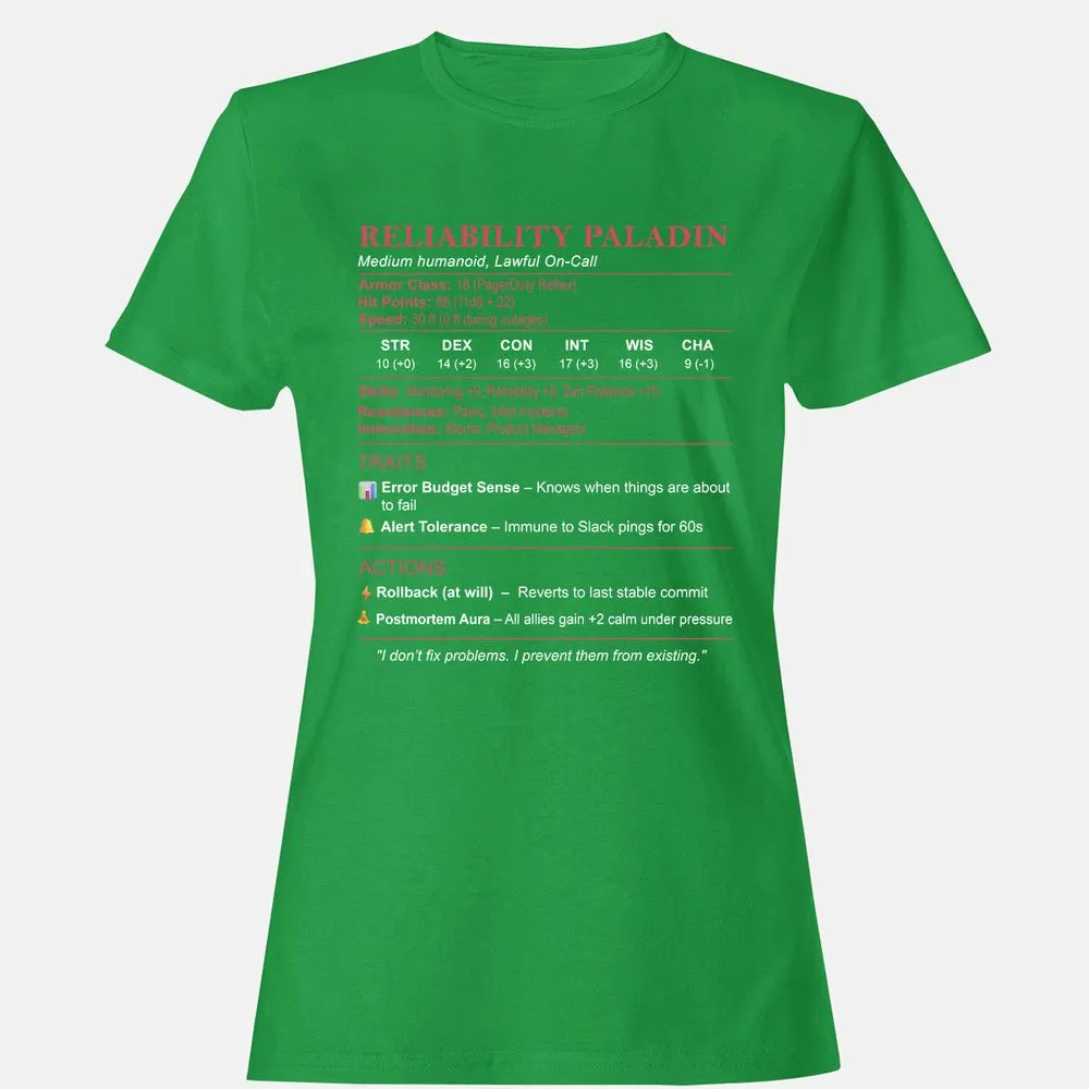 SRE Stats (Reliability Paladin) Women's T-Shirt - Irish Green - 7