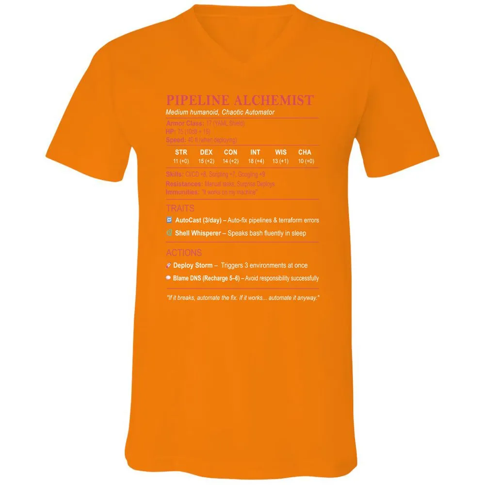 DEVOPS Stats (Pipeline Alchemist) Unisex V-Neck T-Shirt - Orange - 11