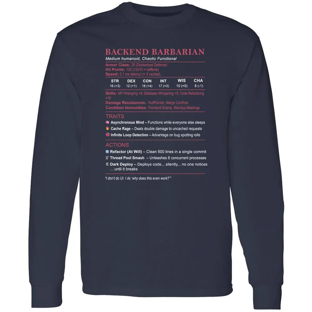 Backend Barbarian Stats Long Sleeve T-Shirt - Navy - 2