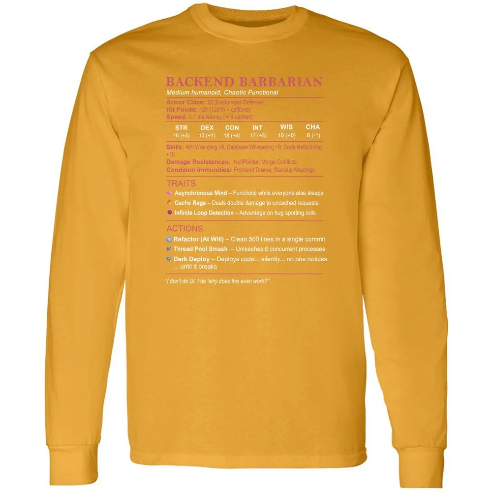 Backend Barbarian Stats Long Sleeve T-Shirt - Gold - 9