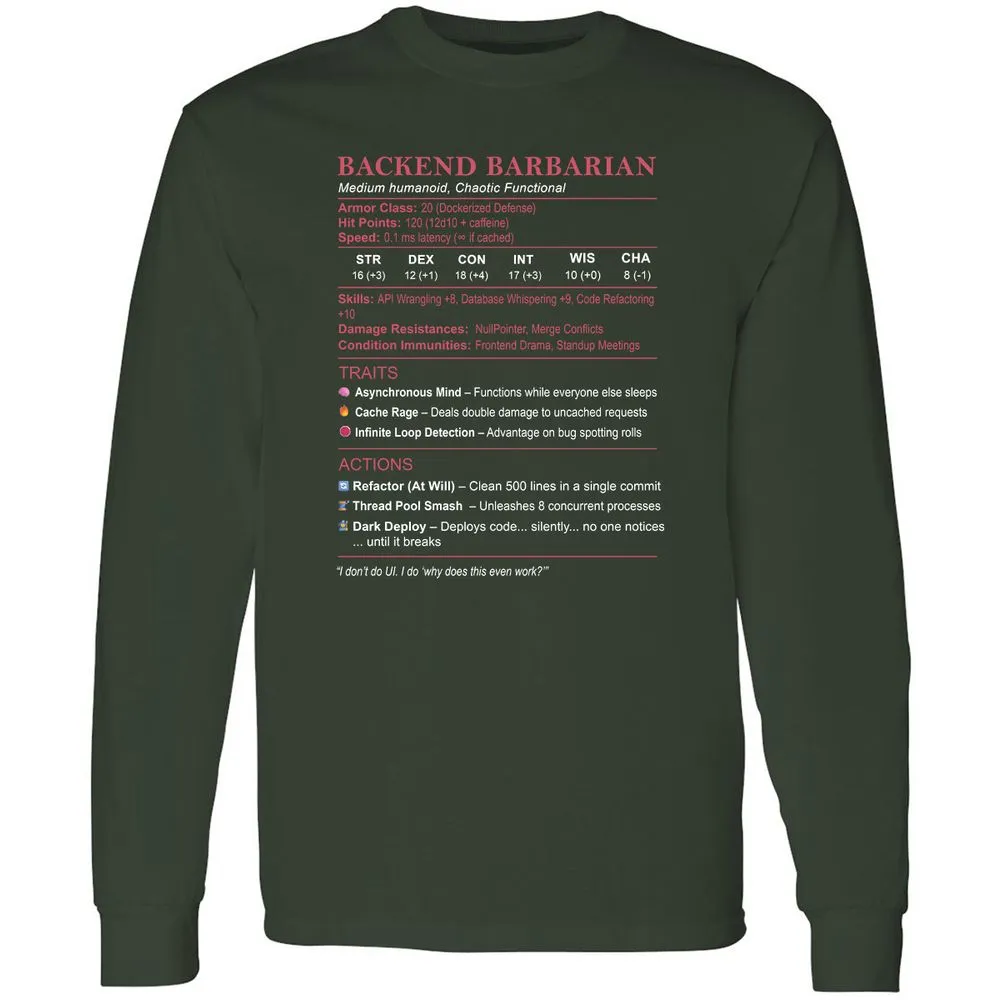 Backend Barbarian Stats Long Sleeve T-Shirt - Forest Green - 4