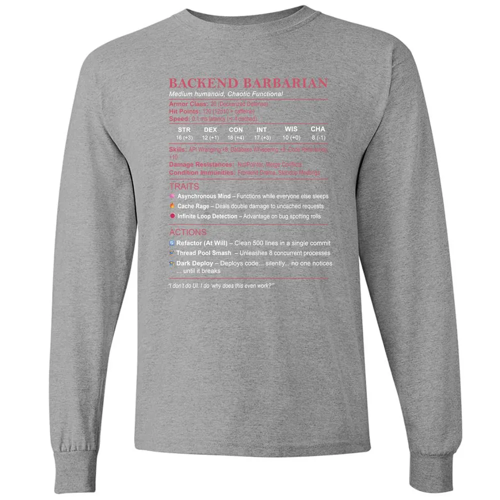 Backend Barbarian Stats Long Sleeve T-Shirt - Graphite Heather - 6