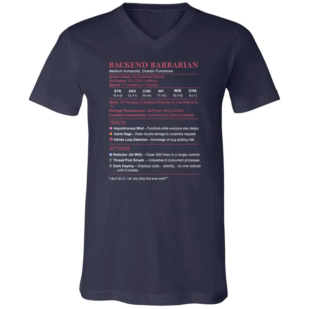 Backend Barbarian Stats Unisex V-Neck T-Shirt - Navy - 2