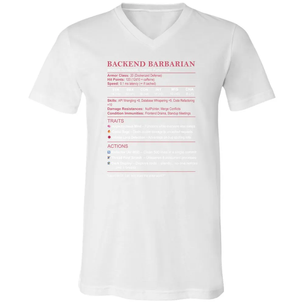 Backend Barbarian Stats Unisex V-Neck T-Shirt - White - 5