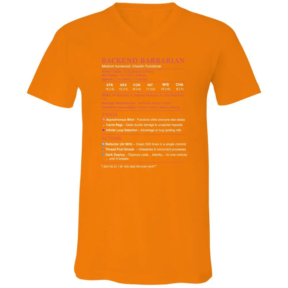 Backend Barbarian Stats Unisex V-Neck T-Shirt - Orange - 11
