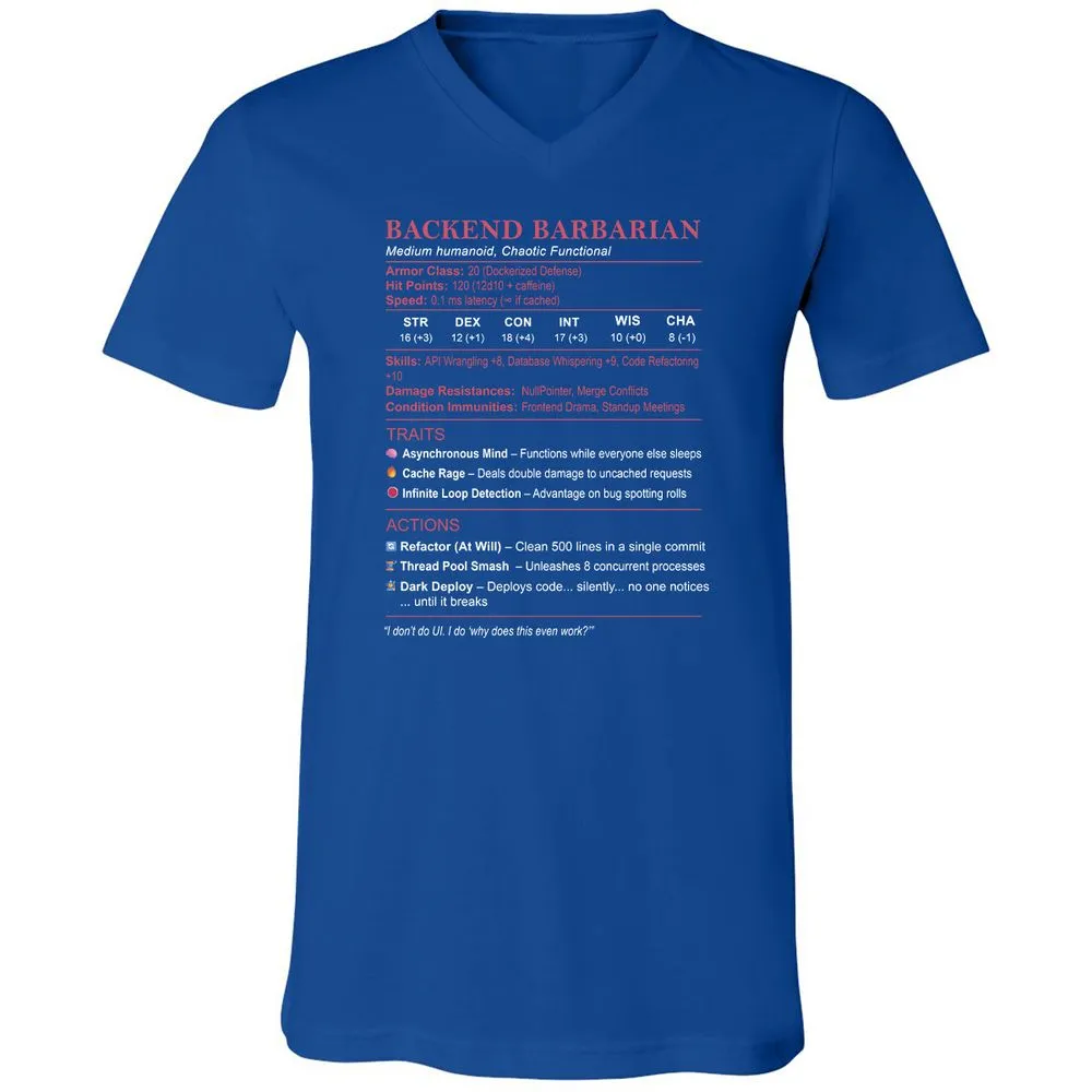 Backend Barbarian Stats Unisex V-Neck T-Shirt - True Royal - 4