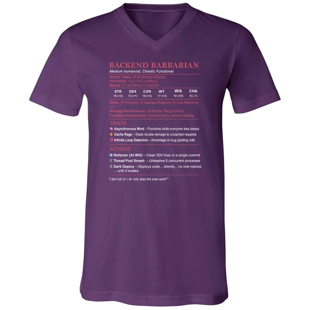 Backend Barbarian Stats Unisex V-Neck T-Shirt - Team Purple - 9