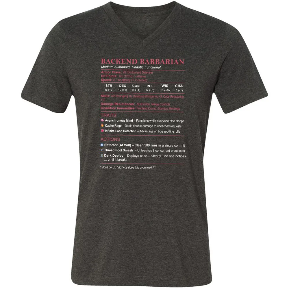 Backend Barbarian Stats Unisex V-Neck T-Shirt - Dark Grey Heather - 8