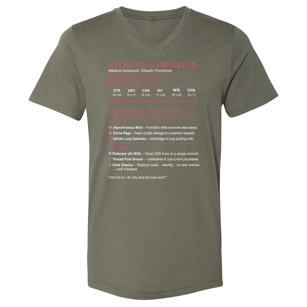 Backend Barbarian Stats Unisex V-Neck T-Shirt - Military Green - 10