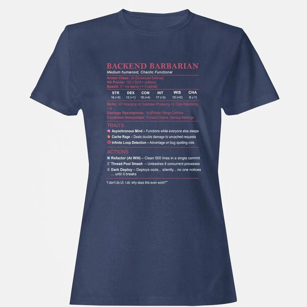 Backend Barbarian Stats Women's T-Shirt - Navy - 10