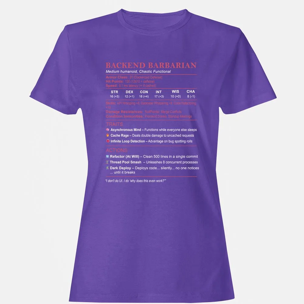Backend Barbarian Stats Women's T-Shirt - Purple - 12
