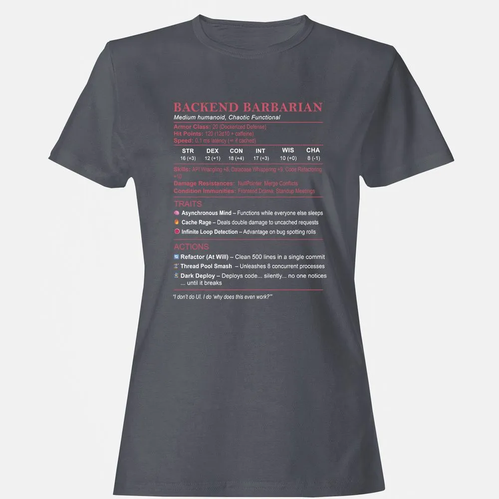Backend Barbarian Stats Women's T-Shirt - Dark Heather - 5