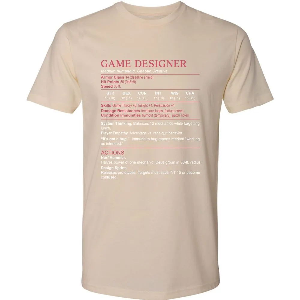 Game Designer Stats Premium Unisex T-Shirt - Cream - 14
