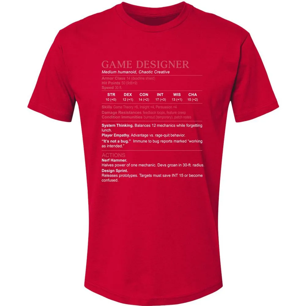 Game Designer Stats Premium Unisex T-Shirt - Red - 6