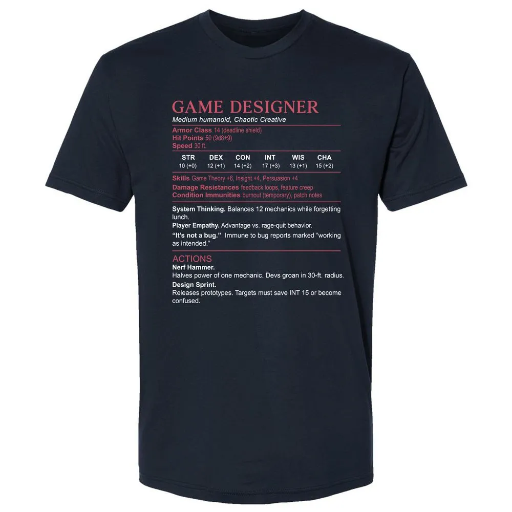 Game Designer Stats Premium Unisex T-Shirt - Midnight Navy - 2