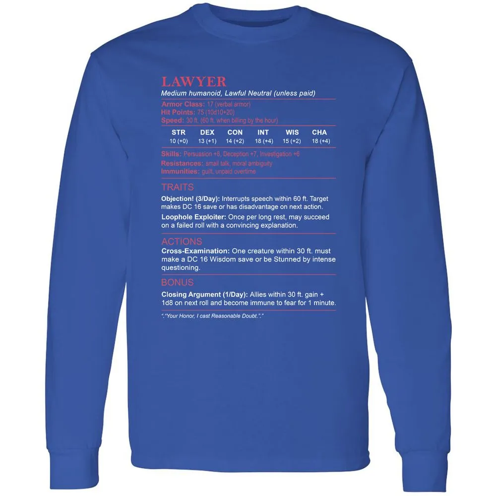 Lawyer Stats Long Sleeve T-Shirt - Royal - 8