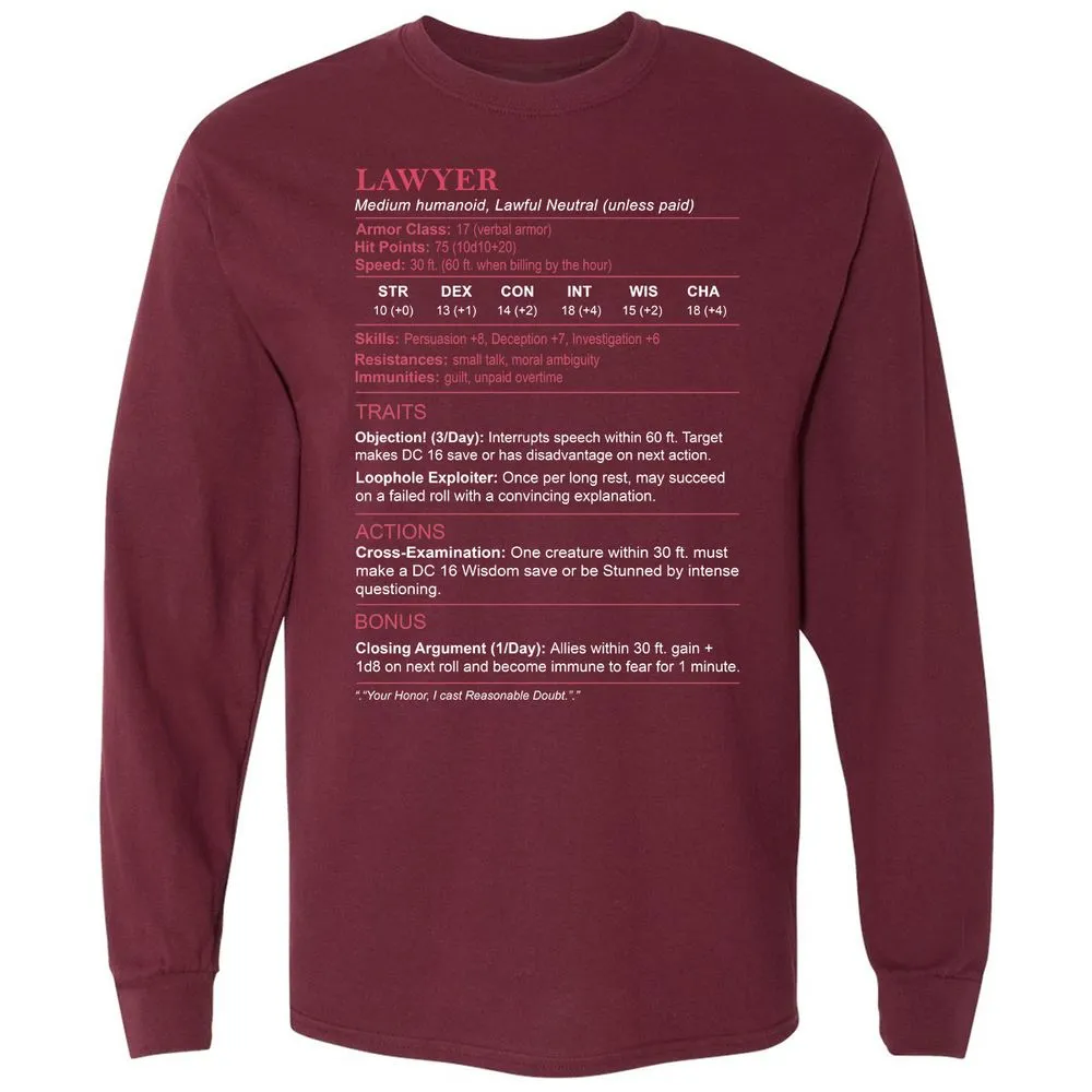 Lawyer Stats Long Sleeve T-Shirt - Maroon - 11
