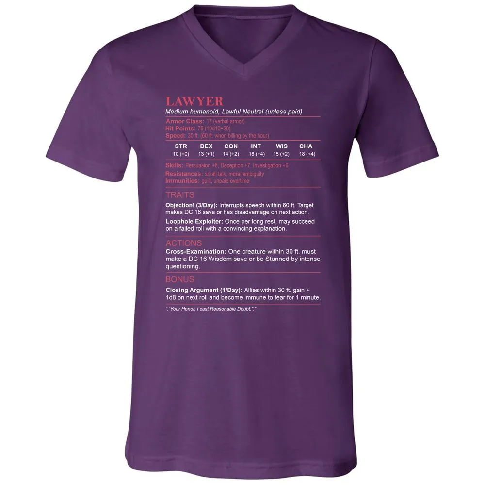 Lawyer Stats Unisex V-Neck T-Shirt - Team Purple - 9