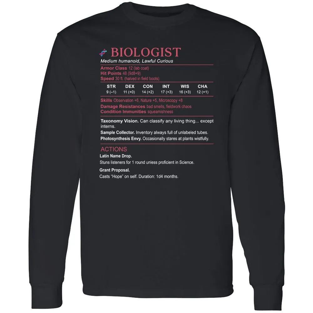 Biologist Stats Long Sleeve T-Shirt - Black - 1