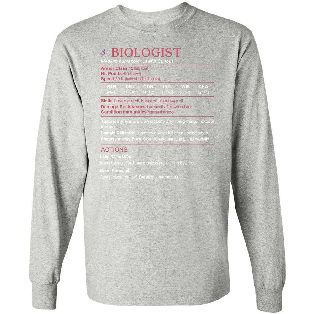 Biologist Stats Long Sleeve T-Shirt - Ash - 7