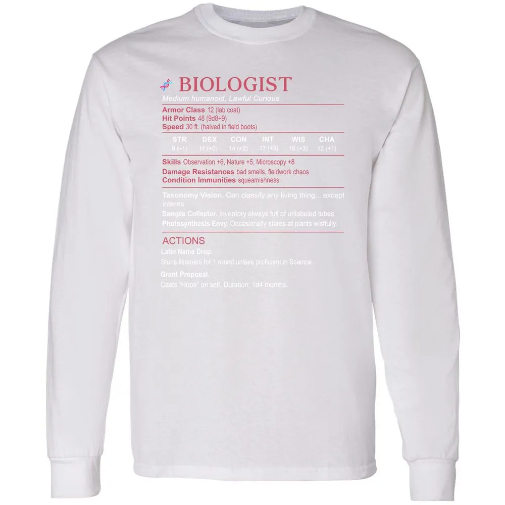 Biologist Stats Long Sleeve T-Shirt - White - 5