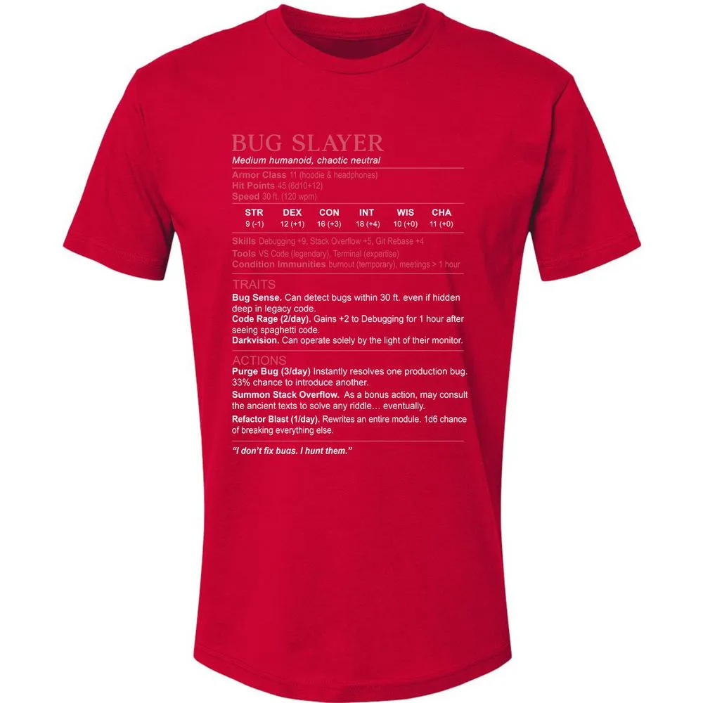 Software Engineer Stats (Bug Slayer) Premium Unisex T-Shirt - Red - 6