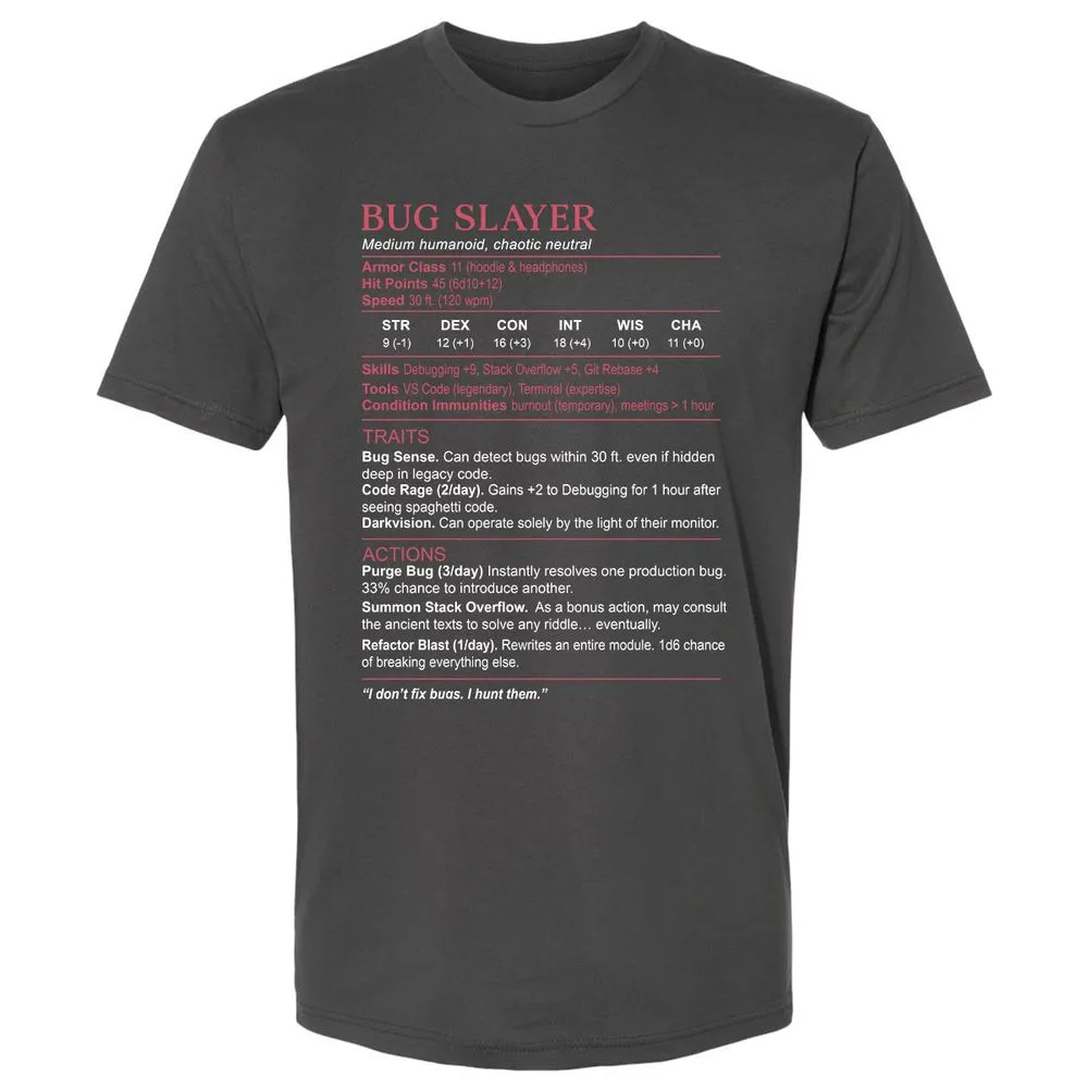 Software Engineer Stats (Bug Slayer) Premium Unisex T-Shirt - Heavy Metal - 8