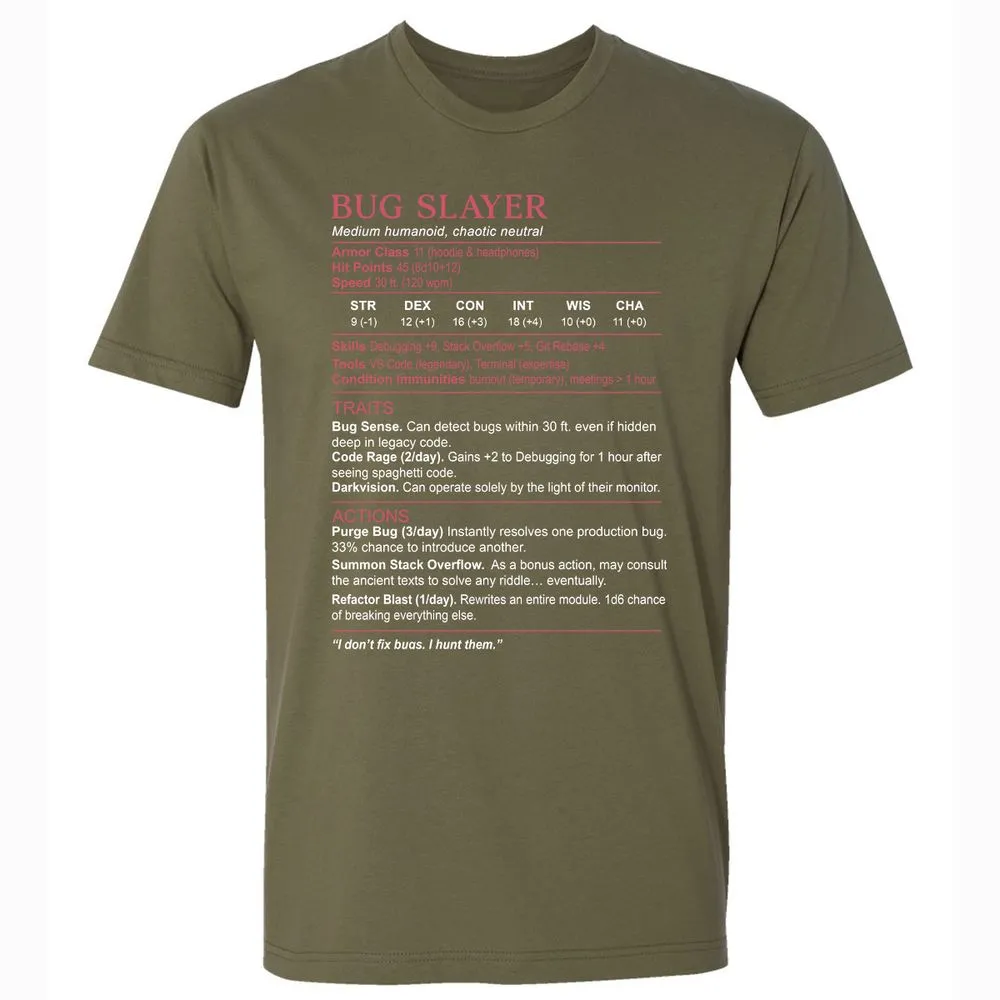 Software Engineer Stats (Bug Slayer) Premium Unisex T-Shirt - Military Green - 5