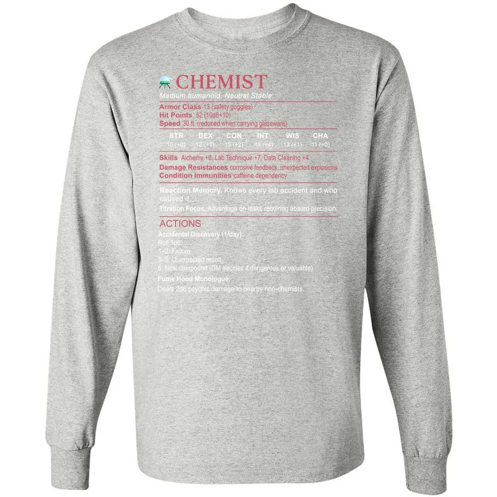 Chemist Stats Long Sleeve T-Shirt - Ash - 7