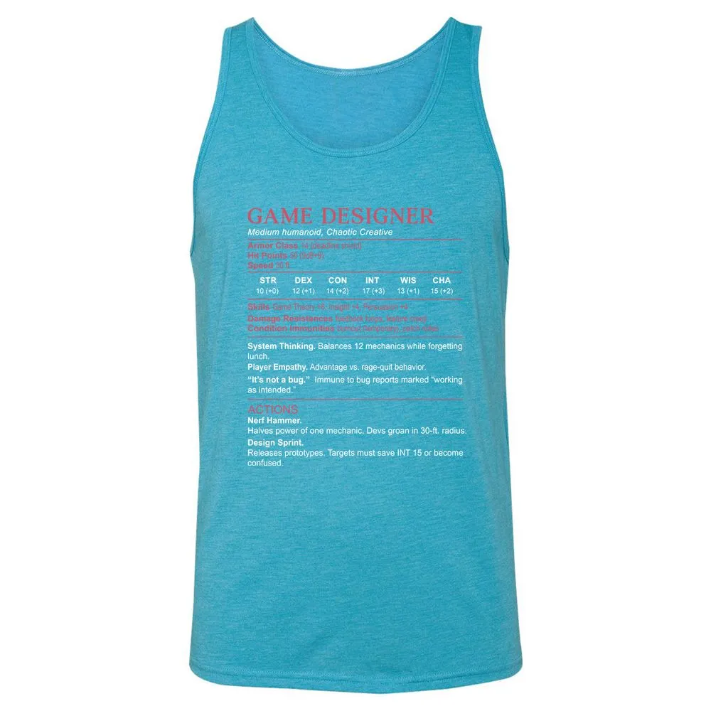 Game Designer Stats Unisex Jersey Tank - Aqua Triblend - 3