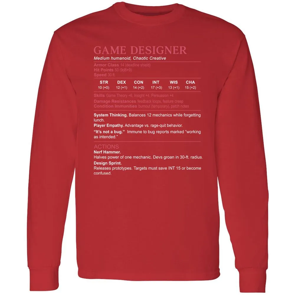 Game Designer Stats Long Sleeve T-Shirt - Red - 14