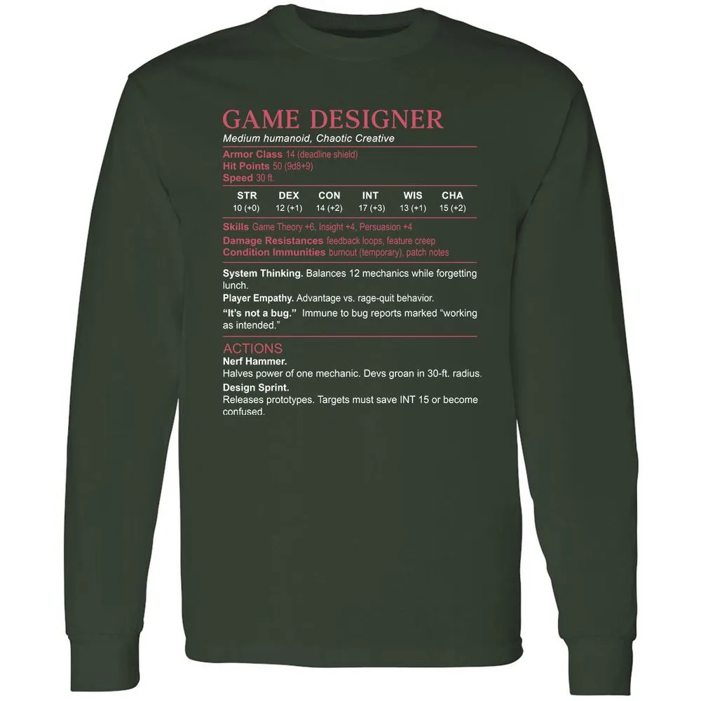 Game Designer Stats Long Sleeve T-Shirt - Forest Green - 4