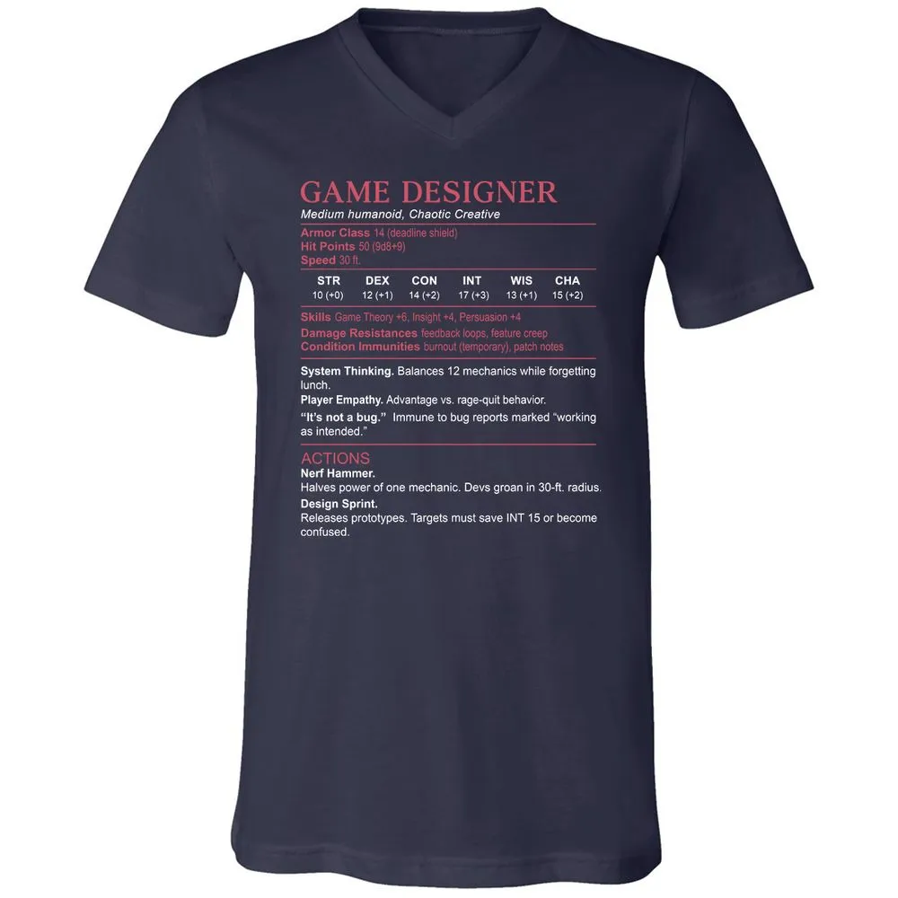 Game Designer Stats Unisex V-Neck T-Shirt - Navy - 2