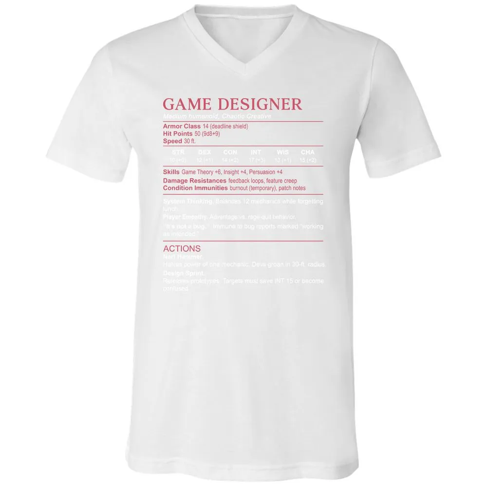 Game Designer Stats Unisex V-Neck T-Shirt - White - 5
