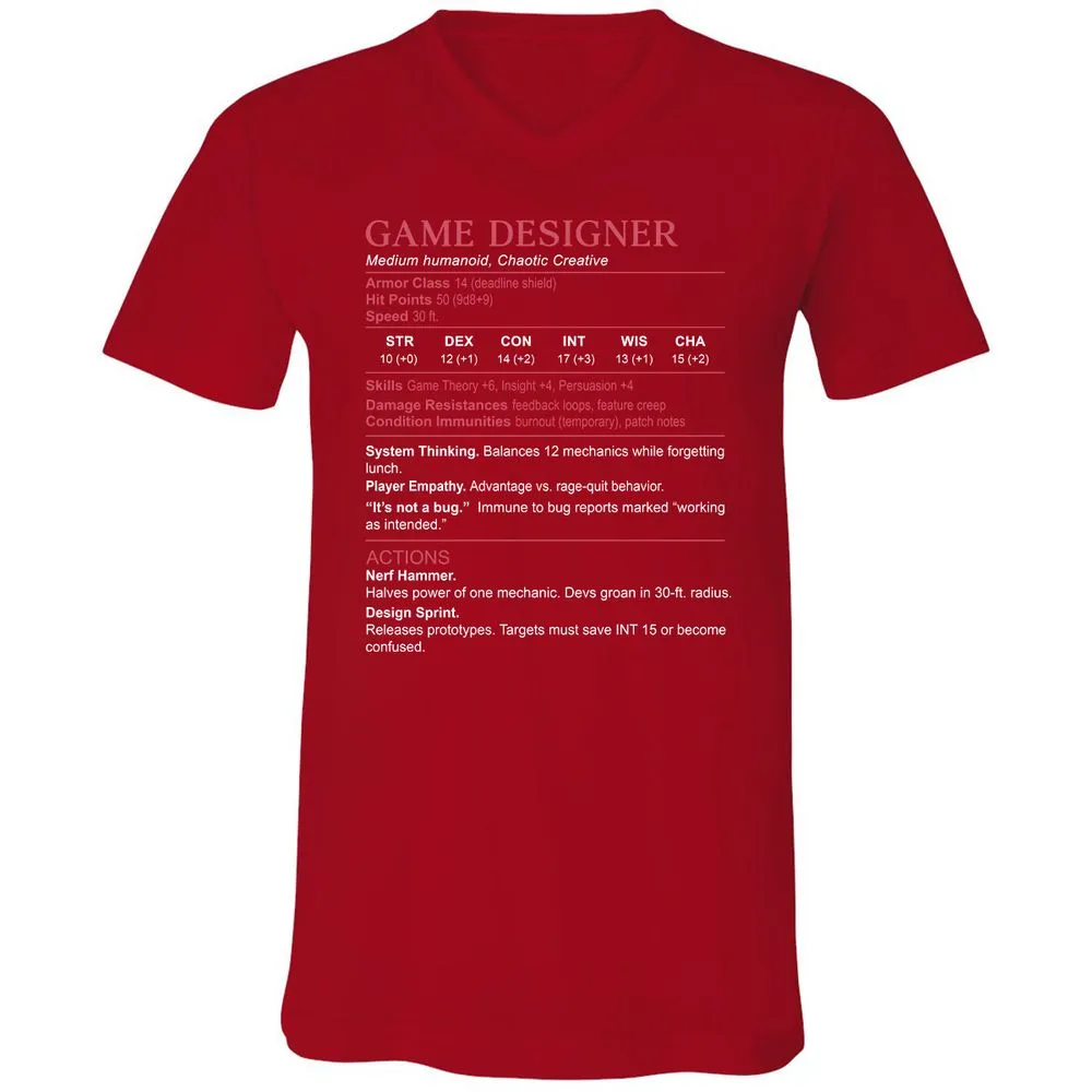 Game Designer Stats Unisex V-Neck T-Shirt - Red - 3
