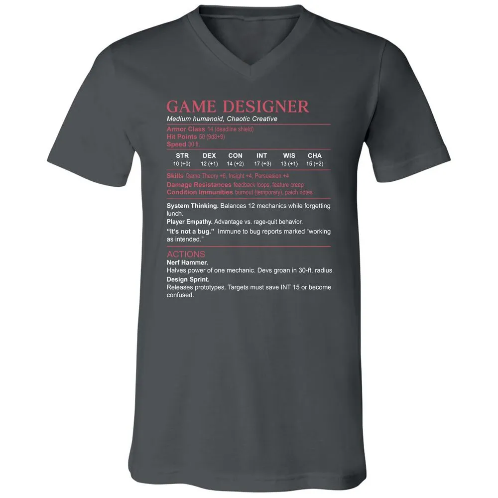 Game Designer Stats Unisex V-Neck T-Shirt - Asphalt - 12