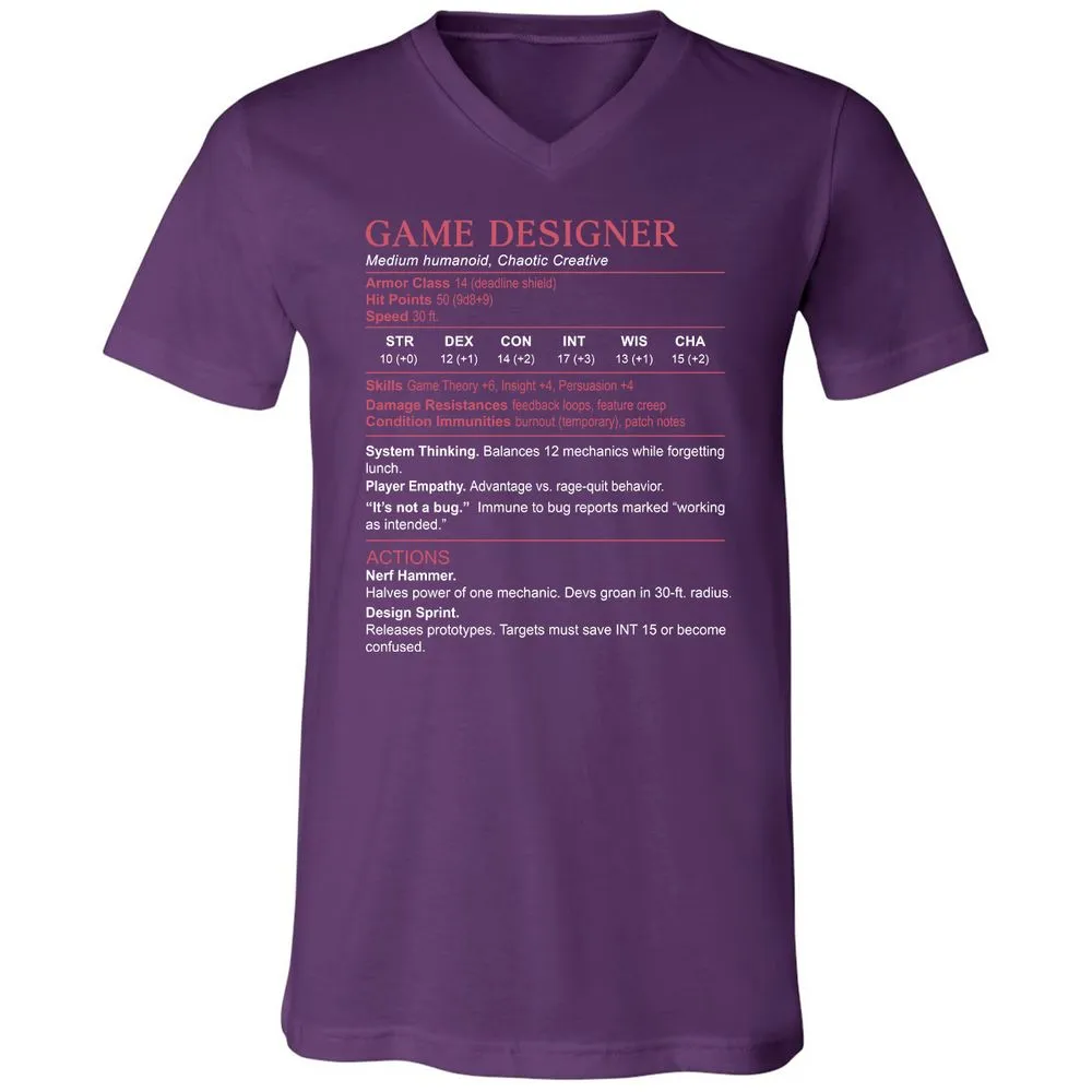Game Designer Stats Unisex V-Neck T-Shirt - Team Purple - 9