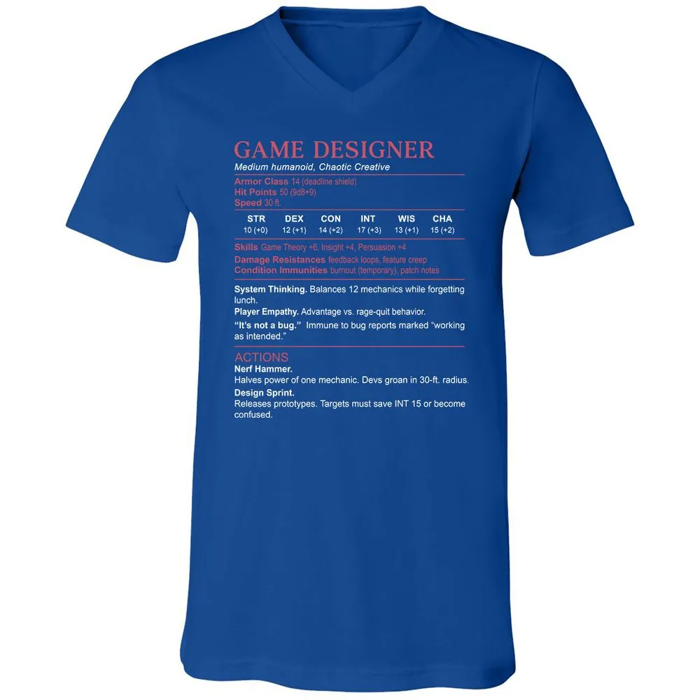 Game Designer Stats Unisex V-Neck T-Shirt - True Royal - 4