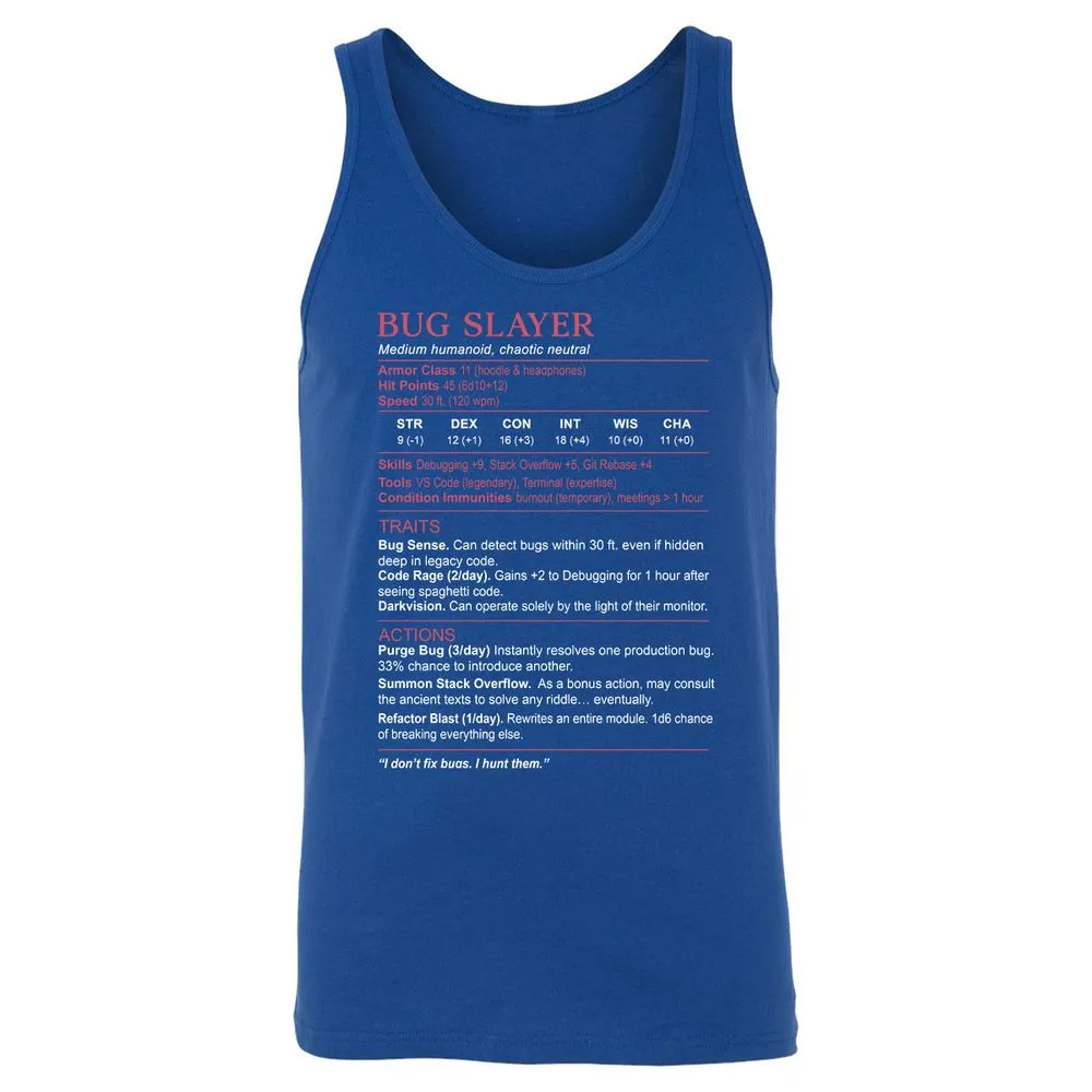 Software Engineer Stats (Bug Slayer) Unisex Jersey Tank - True Royal - 13