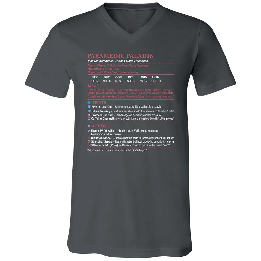 Paramedic Stats Unisex V-Neck T-Shirt - Asphalt - 12
