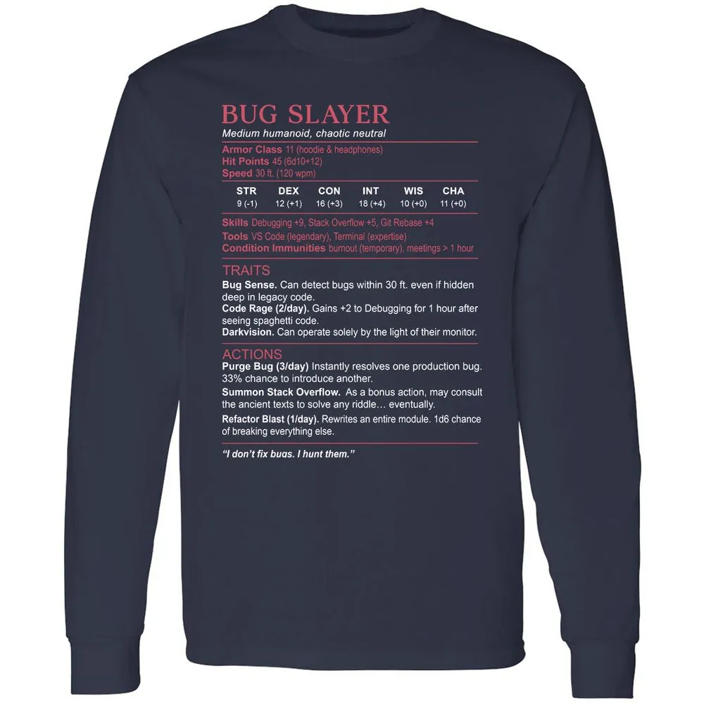 Software Engineer Stats (Bug Slayer) Long Sleeve T-Shirt - Navy - 2
