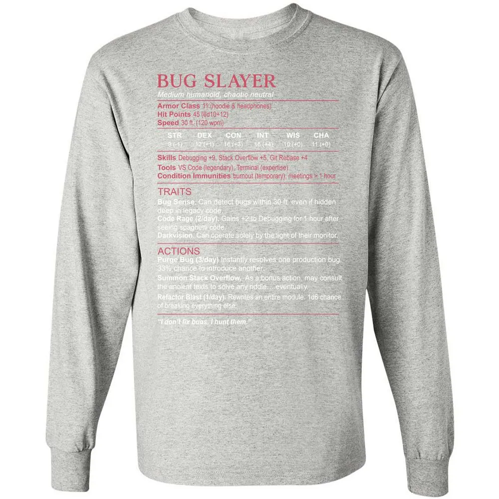 Software Engineer Stats (Bug Slayer) Long Sleeve T-Shirt - Ash - 7
