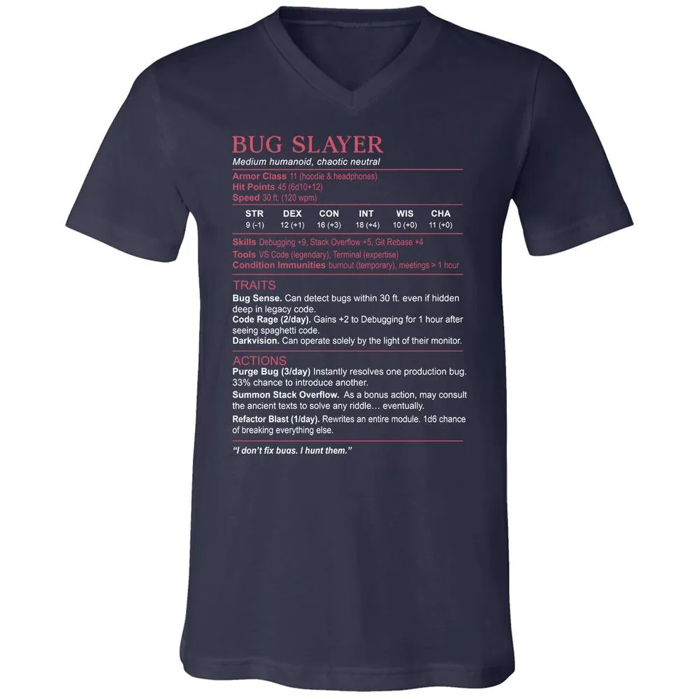 Software Engineer Stats (Bug Slayer) Unisex V-Neck T-Shirt - Navy - 2