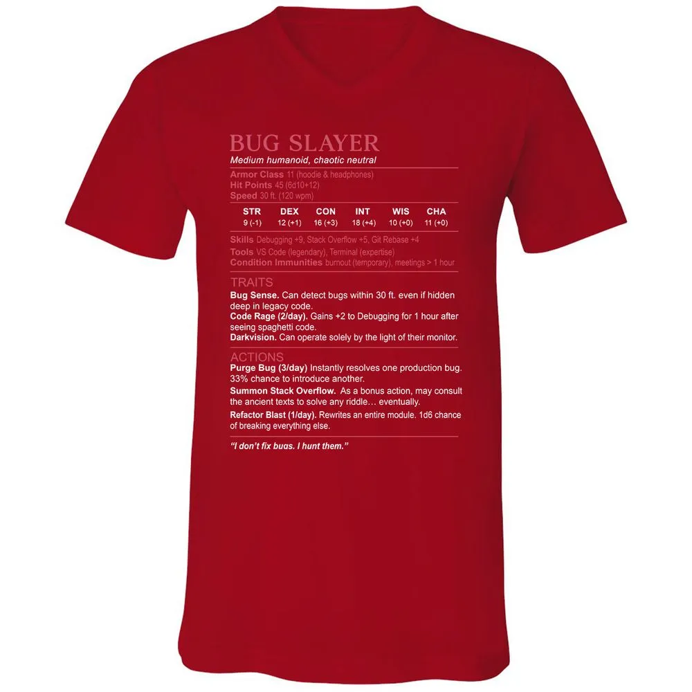 Software Engineer Stats (Bug Slayer) Unisex V-Neck T-Shirt - Red - 3