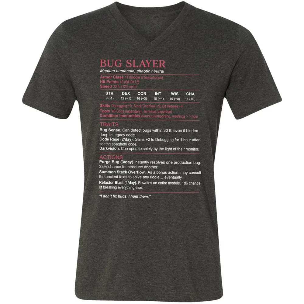 Software Engineer Stats (Bug Slayer) Unisex V-Neck T-Shirt - Dark Grey Heather - 8
