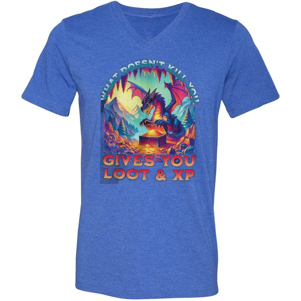 What Doesn't Kill You Give You Loot & XP Unisex V-Neck T-Shirt - Heather True Royal - 14