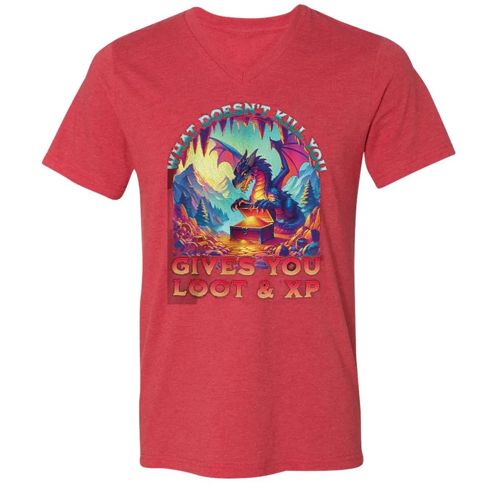 What Doesn't Kill You Give You Loot & XP Unisex V-Neck T-Shirt - Heather Red - 16