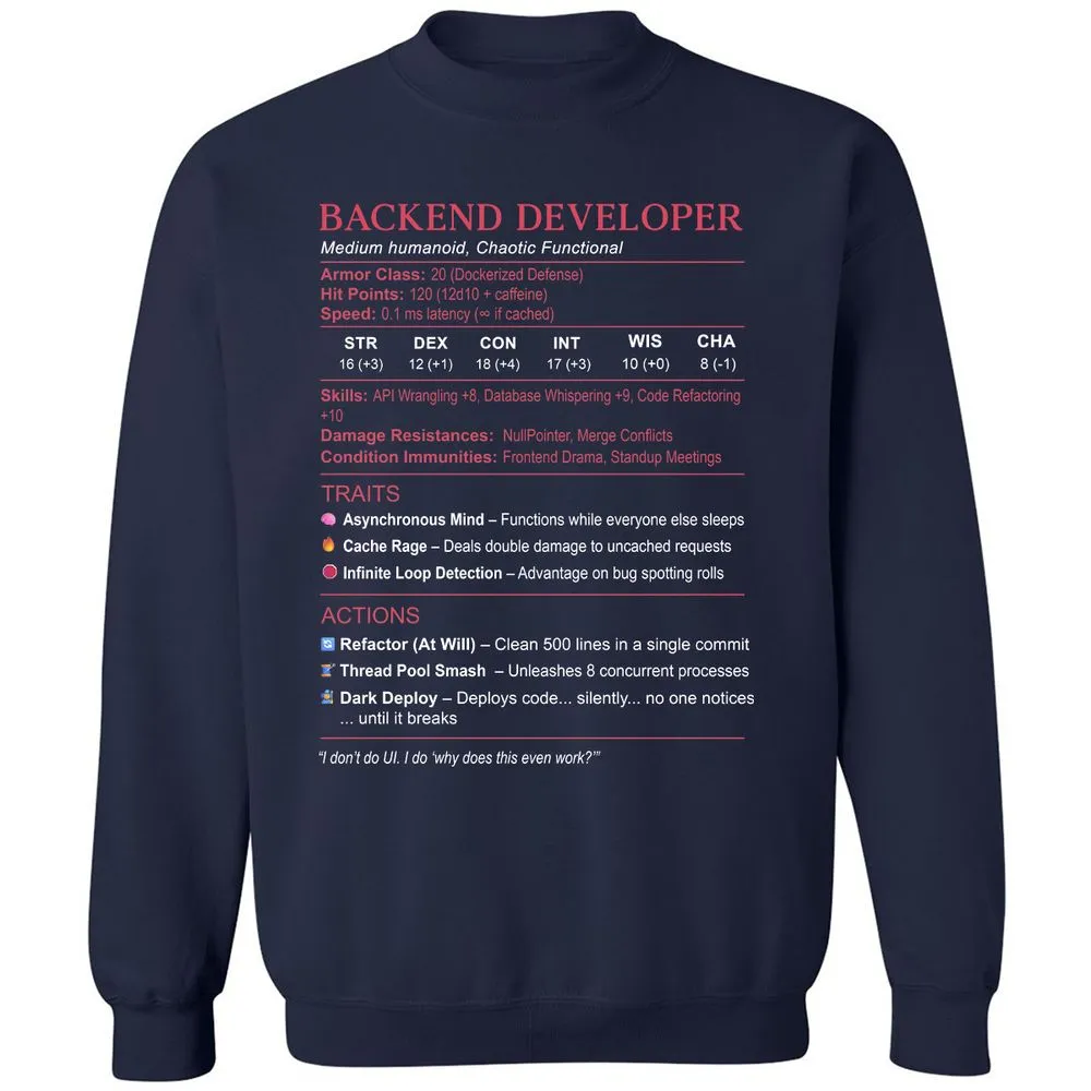 Backend Developer Stats Classic Unisex Sweatshirt - Navy - 2